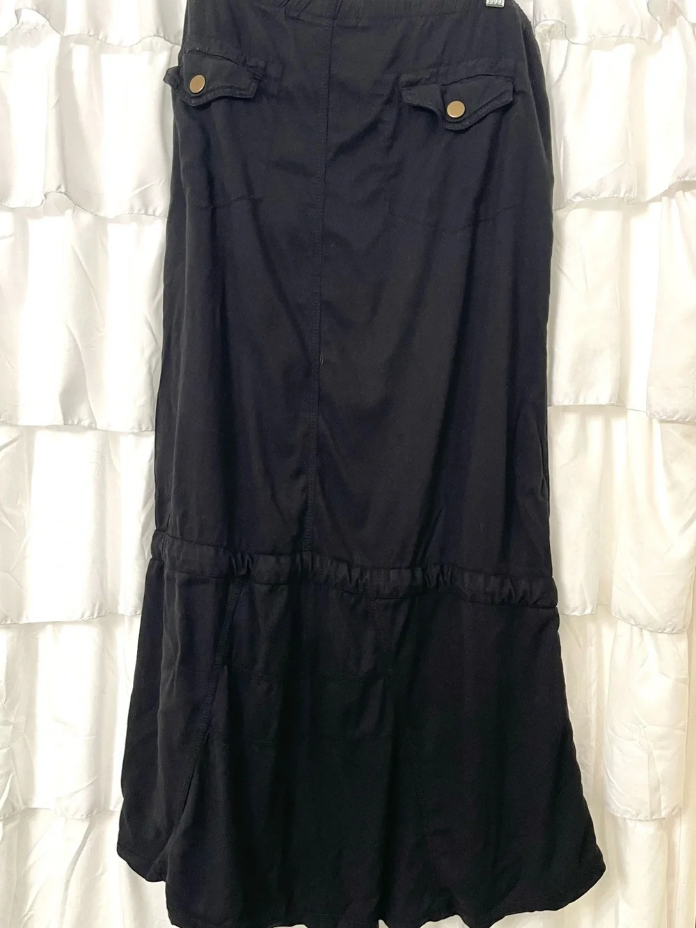 XCVI Black Button-Front Drawstring Maxi Skirt with Brass Buttons